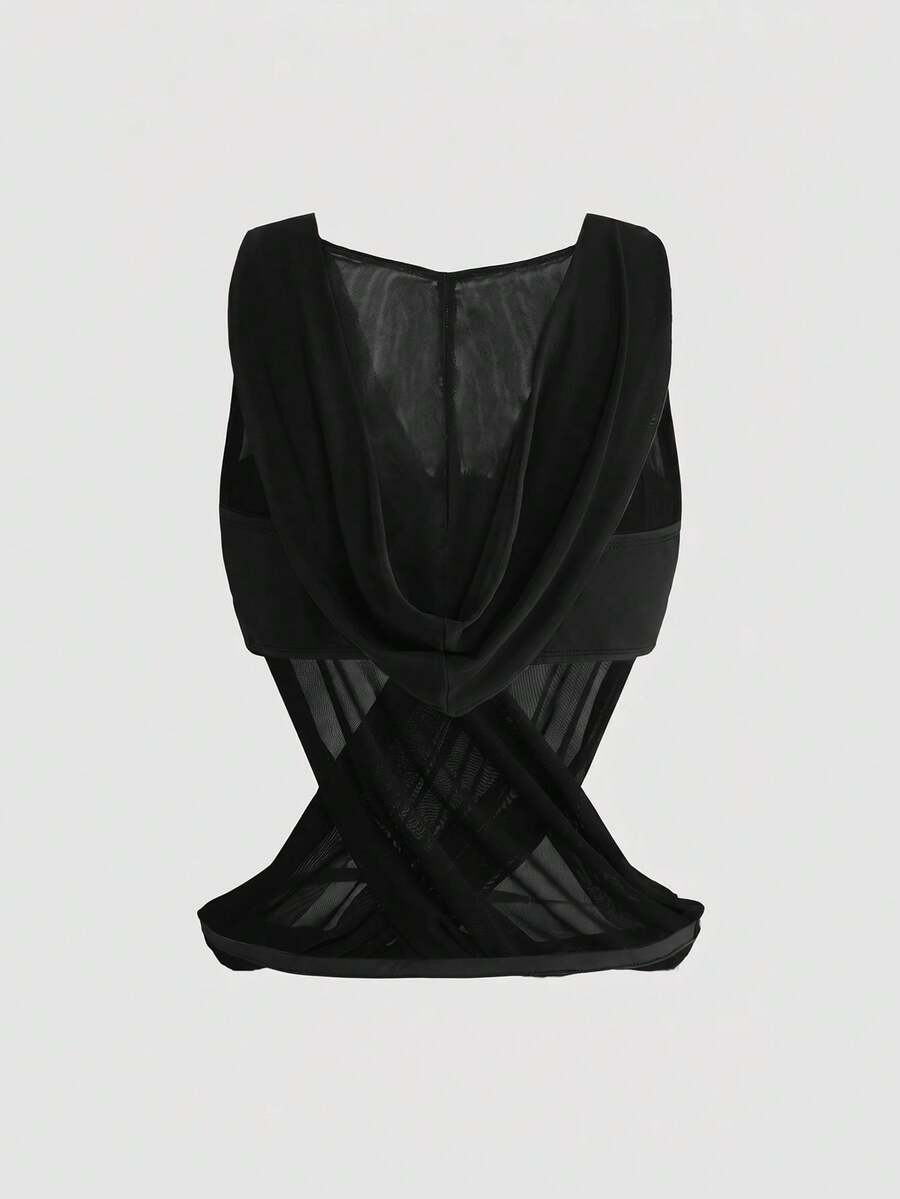 Women's black sheer hooded two-piece top set featuring a striped asymmetrical wrap design and sleeveless inner top.