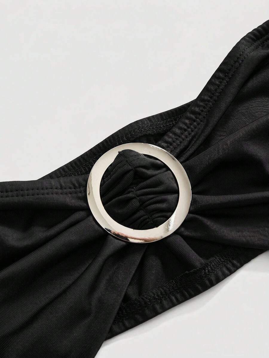 Women's black sheer hooded two-piece top set featuring a striped asymmetrical wrap design and sleeveless inner top.