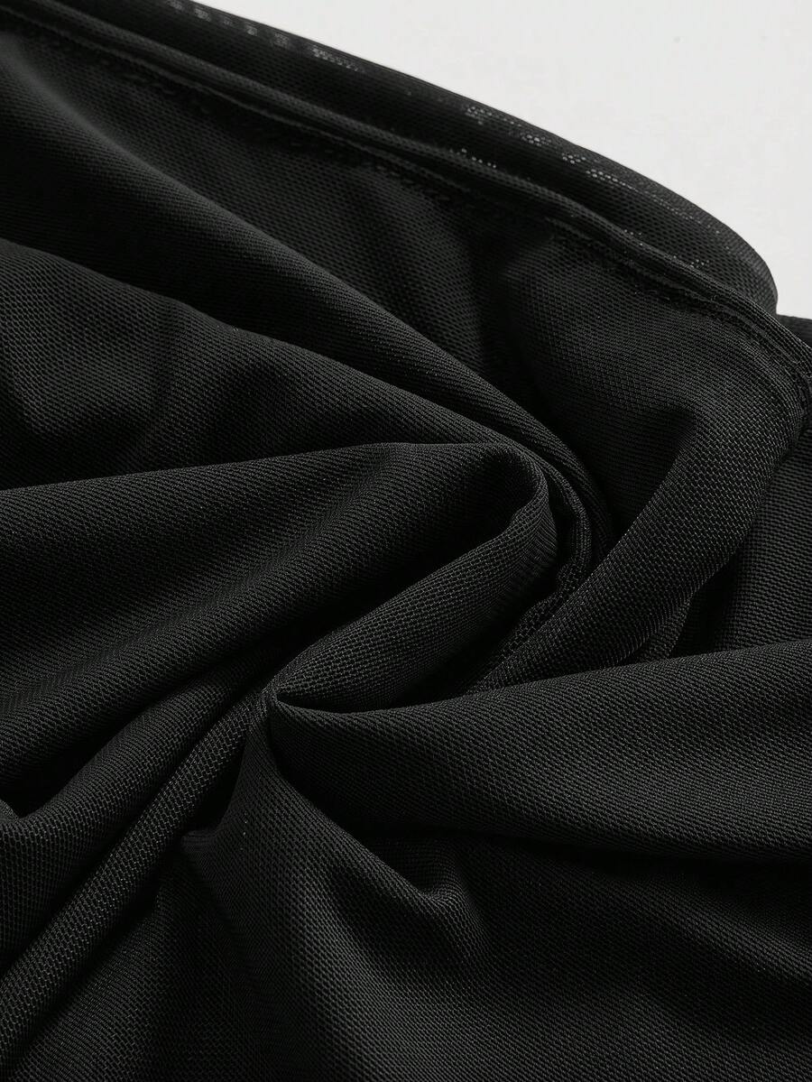 Women's black sheer hooded two-piece top set featuring a striped asymmetrical wrap design and sleeveless inner top.