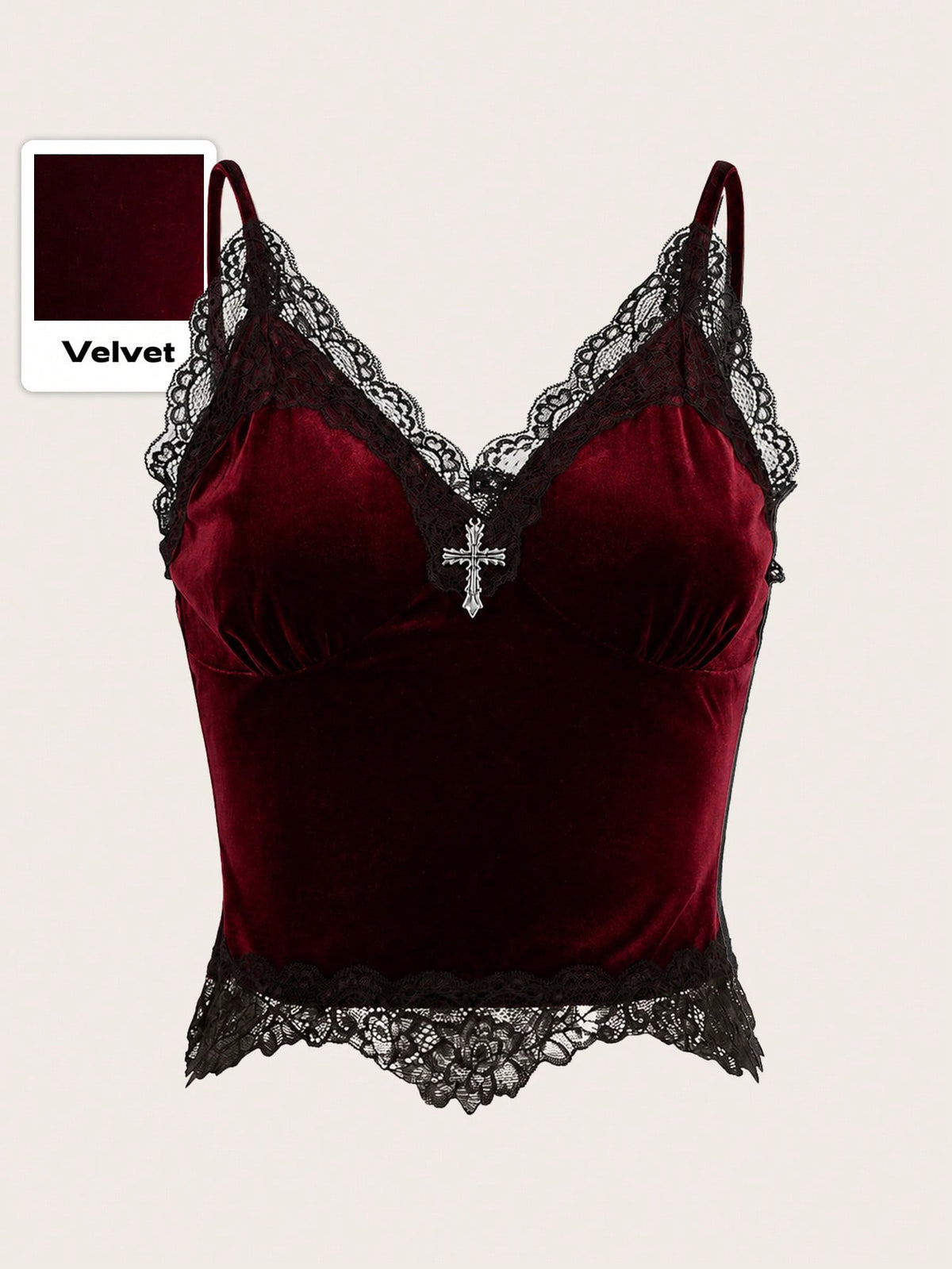 Black gothic velvet crop tank top for women featuring contrast lace trim, bow accent, spaghetti straps, and a metal cross detail.