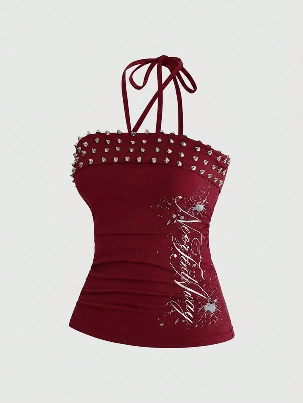 Women's sleeveless halter cropped camisole top in black with graphic slogan print and studded detailing.