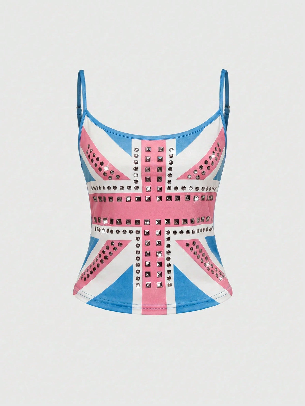 Black spaghetti strap crop camisole top for women featuring a vintage UK flag print with rhinestone and rivet details.