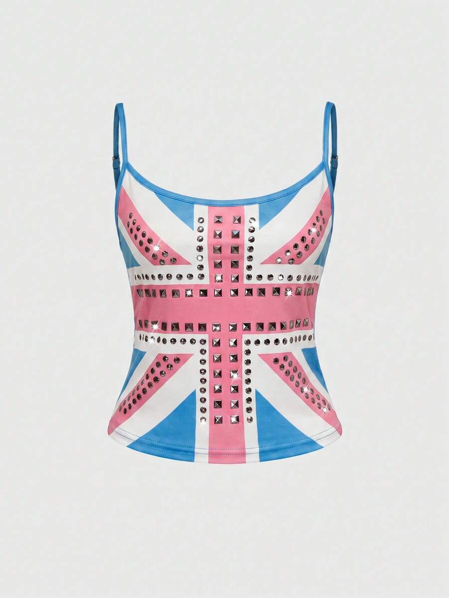 Black spaghetti strap crop camisole top for women featuring a vintage UK flag print with rhinestone and rivet details.