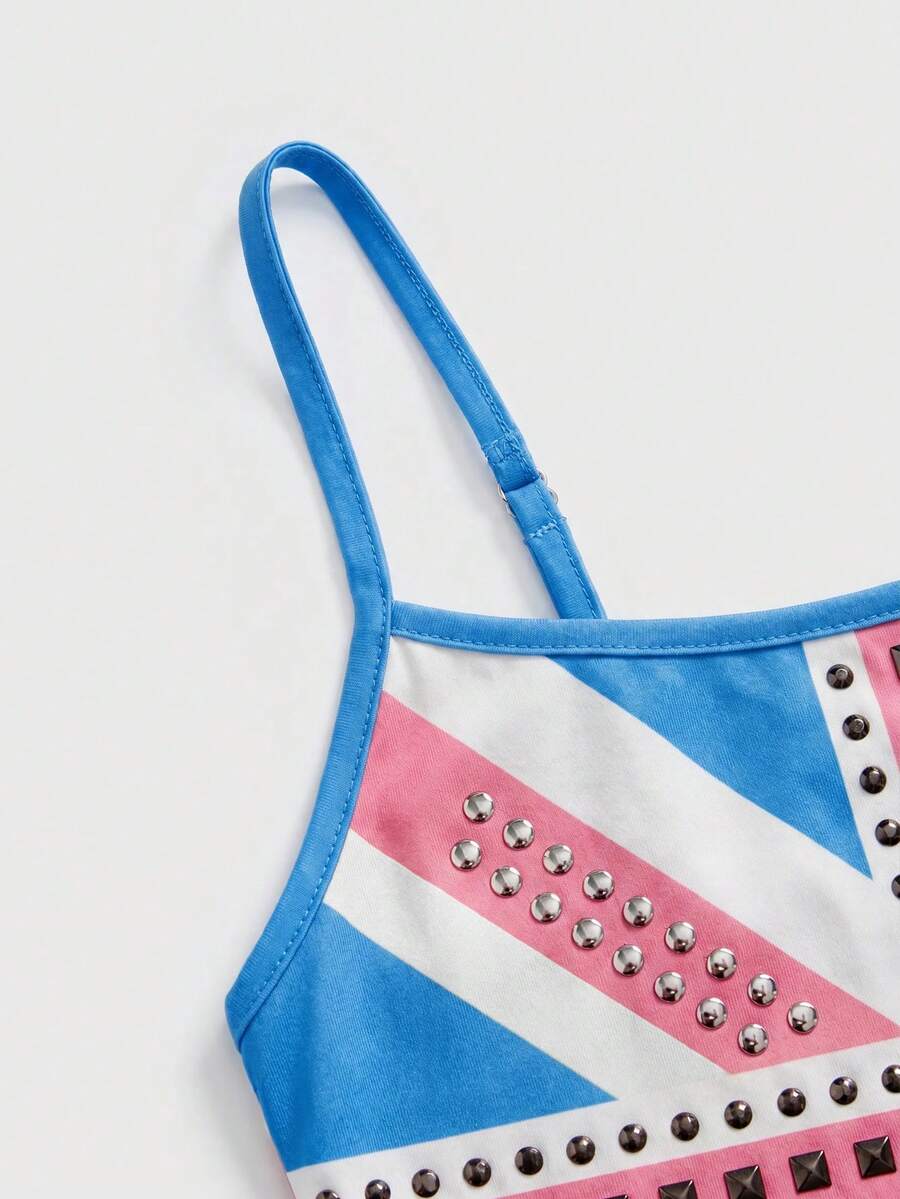 Black spaghetti strap crop camisole top for women featuring a vintage UK flag print with rhinestone and rivet details.