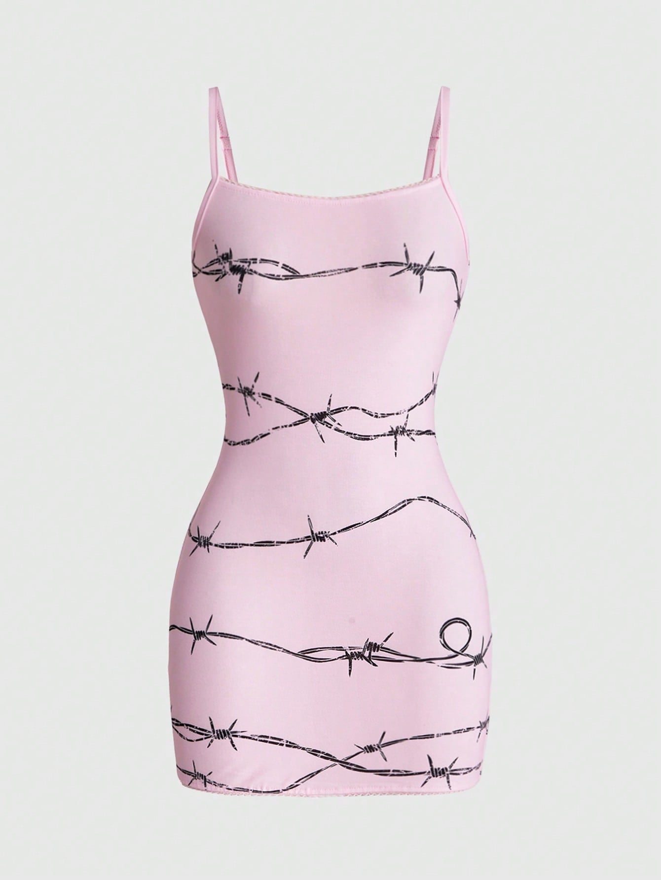 Women wearing a black thorn pattern goth bodycon mini dress with spaghetti straps and a slim fit pencil hem.