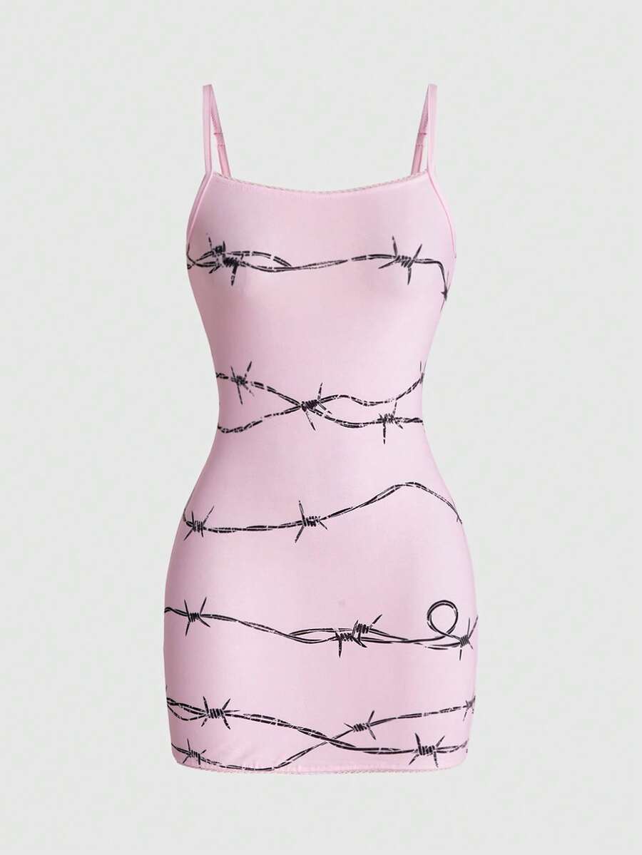 Women wearing a black thorn pattern goth bodycon mini dress with spaghetti straps and a slim fit pencil hem.