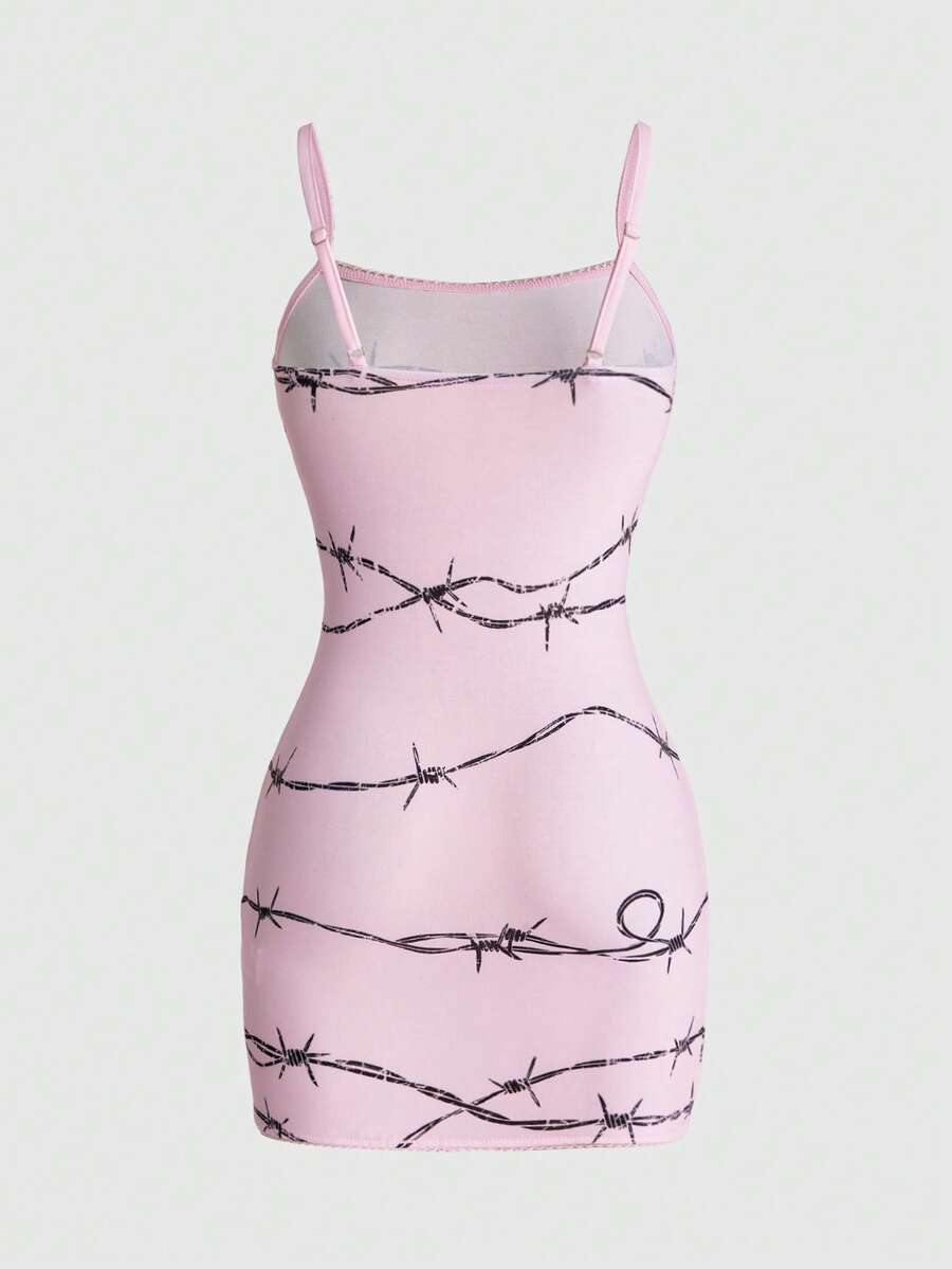Women wearing a black thorn pattern goth bodycon mini dress with spaghetti straps and a slim fit pencil hem.