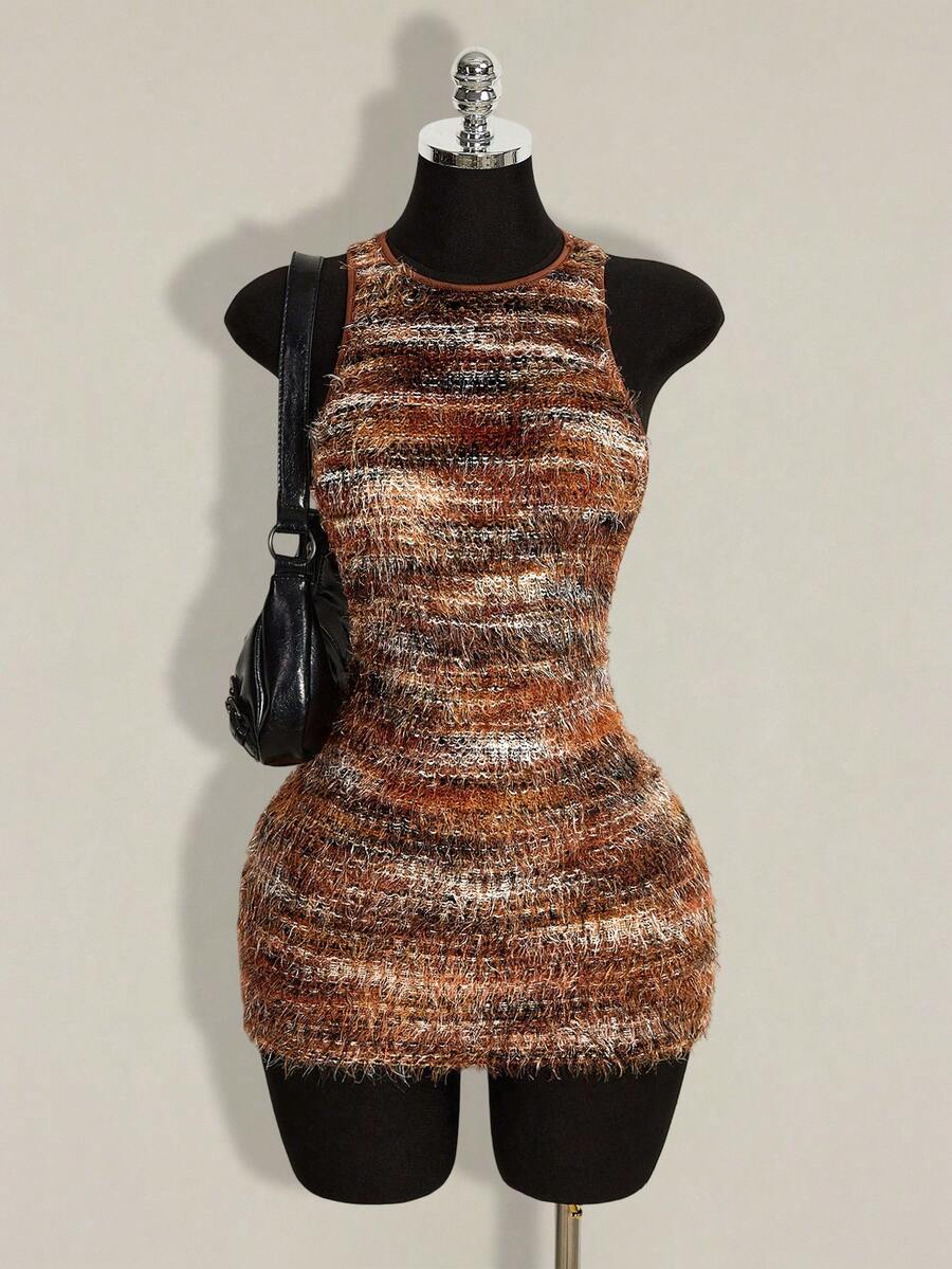 Apricot criss-cross backless bodycon mini dress for women featuring a round neck and rhinestone accent details.