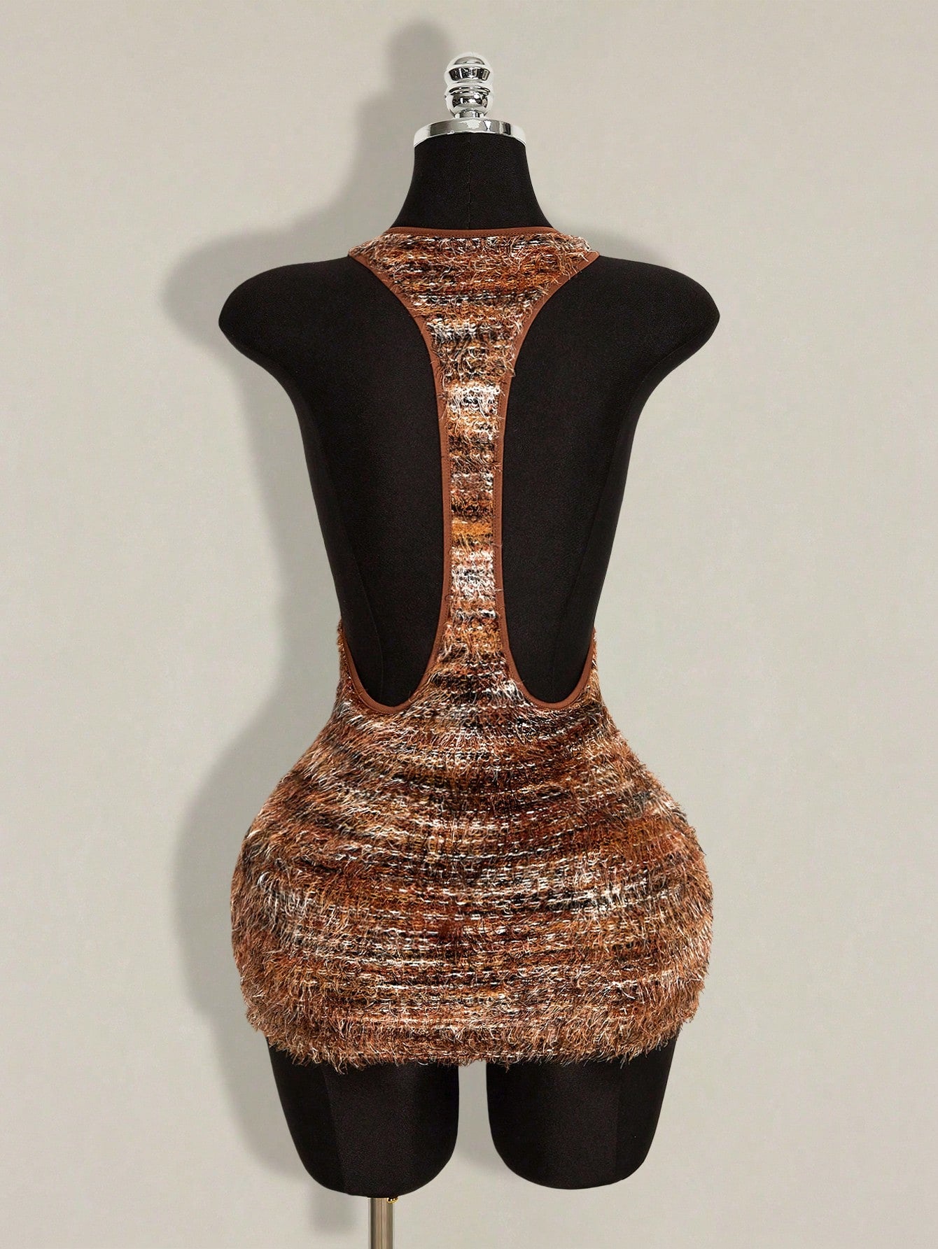 Apricot criss-cross backless bodycon mini dress for women featuring a round neck and rhinestone accent details.
