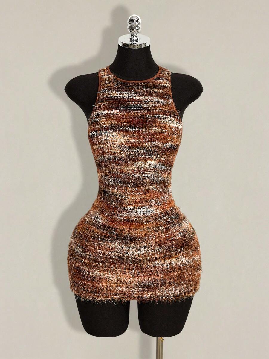 Apricot criss-cross backless bodycon mini dress for women featuring a round neck and rhinestone accent details.