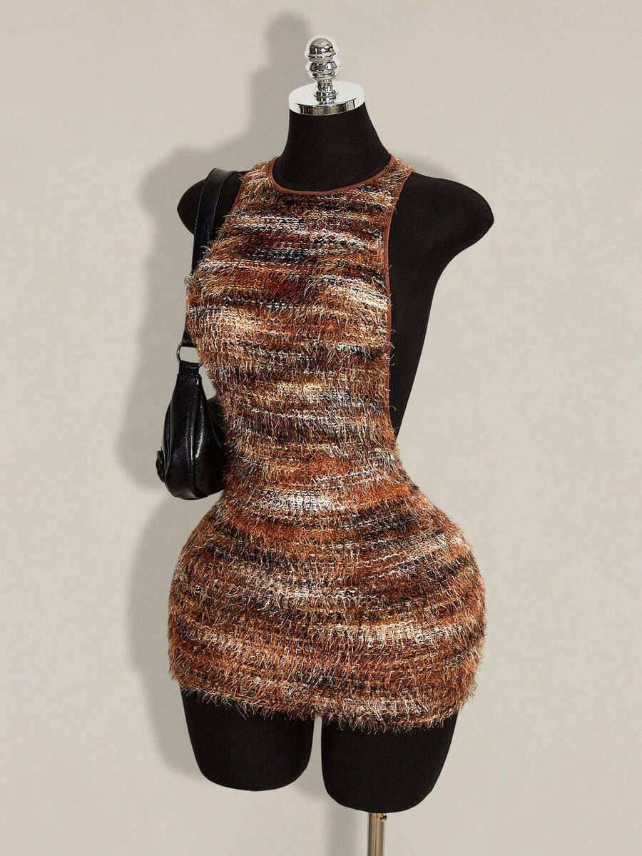 Apricot criss-cross backless bodycon mini dress for women featuring a round neck and rhinestone accent details.