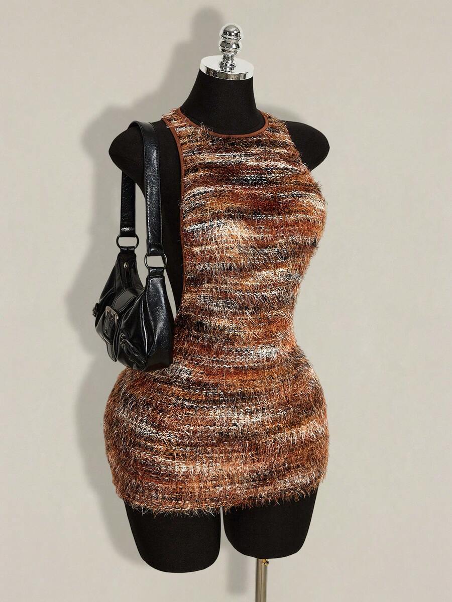 Apricot criss-cross backless bodycon mini dress for women featuring a round neck and rhinestone accent details.