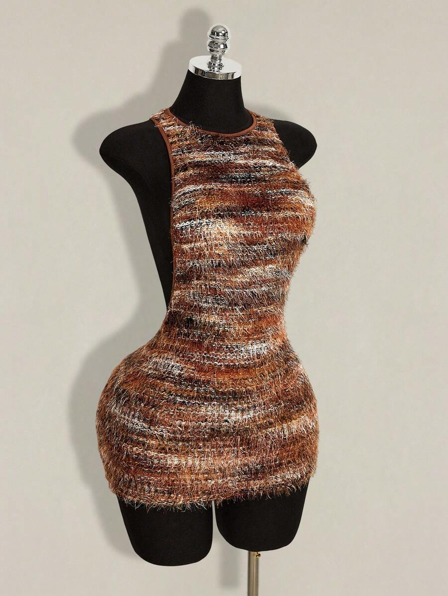 Apricot criss-cross backless bodycon mini dress for women featuring a round neck and rhinestone accent details.