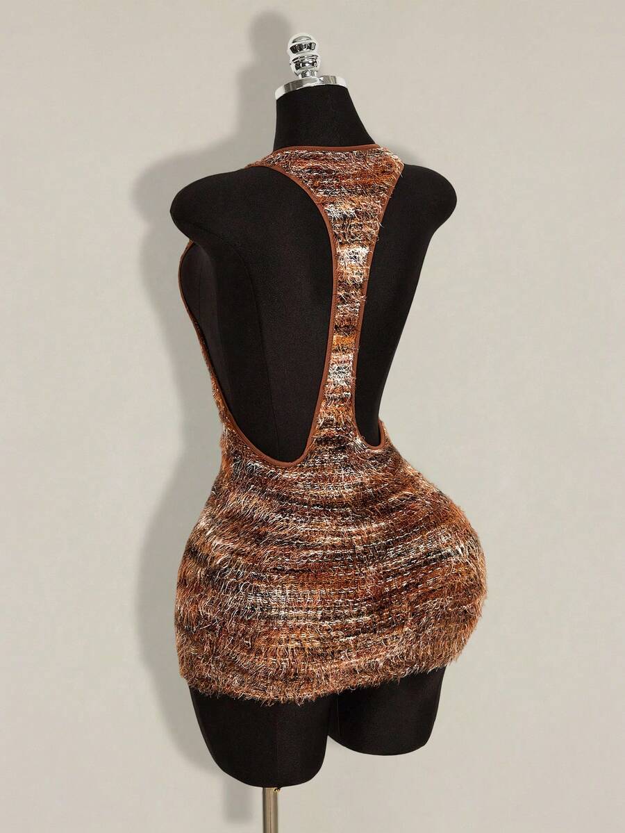 Apricot criss-cross backless bodycon mini dress for women featuring a round neck and rhinestone accent details.