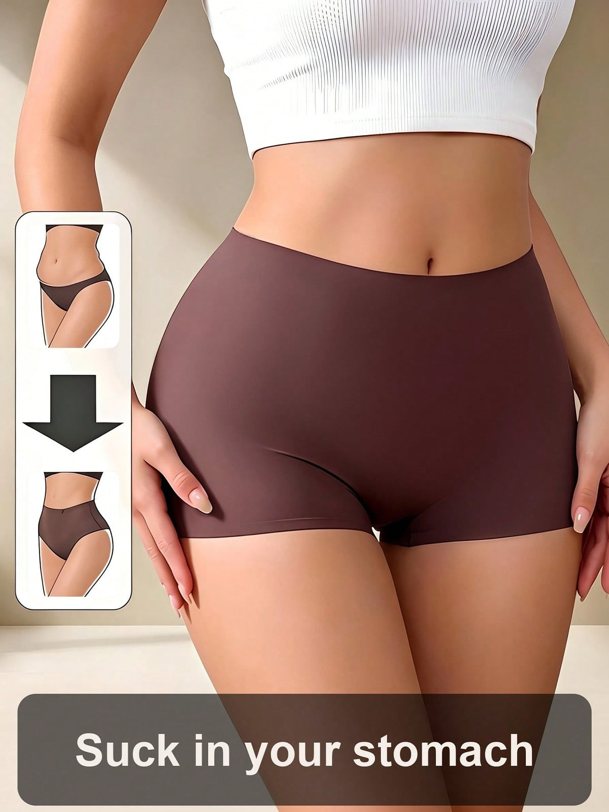 Women's black high stretch shapewear shorts with a mid waist fit and semi-sheer fabric.
