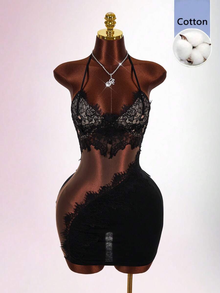 Black sleeveless lace trim bodycon mini dress featuring spaghetti straps, front cutout detail, and semi-sheer contrast lace accents on a slim fit knitted silhouette.