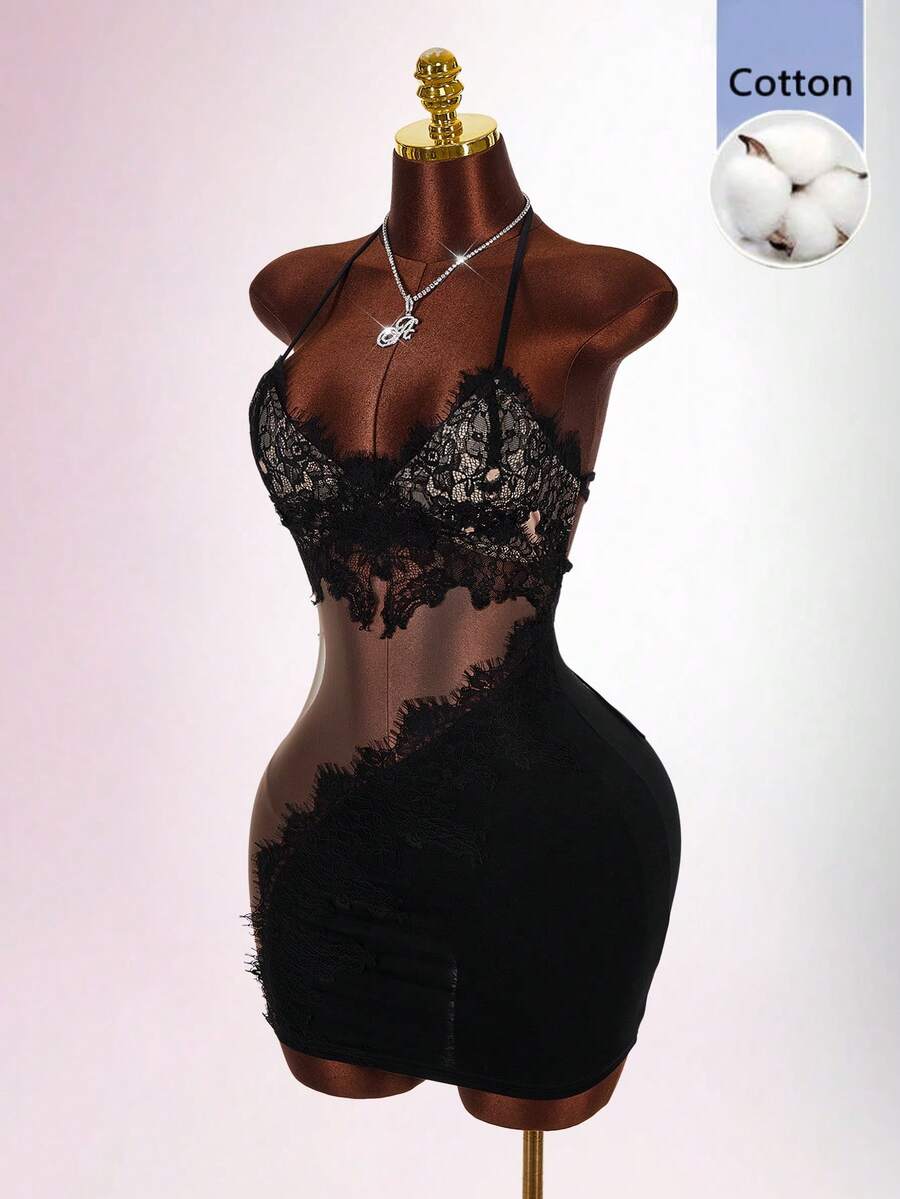 Black sleeveless lace trim bodycon mini dress featuring spaghetti straps, front cutout detail, and semi-sheer contrast lace accents on a slim fit knitted silhouette.