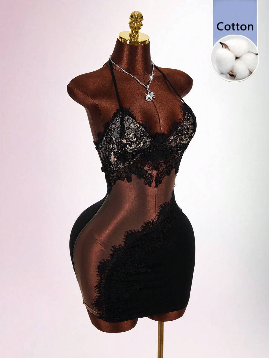 Black sleeveless lace trim bodycon mini dress featuring spaghetti straps, front cutout detail, and semi-sheer contrast lace accents on a slim fit knitted silhouette.