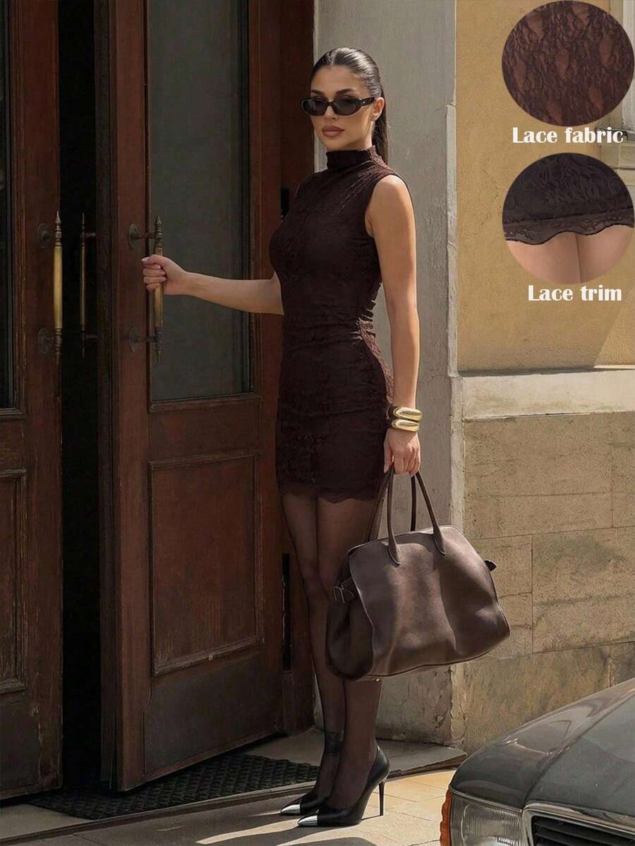 Army green sleeveless bodycon mini dress with a stand collar, ruched details, and zipper back.