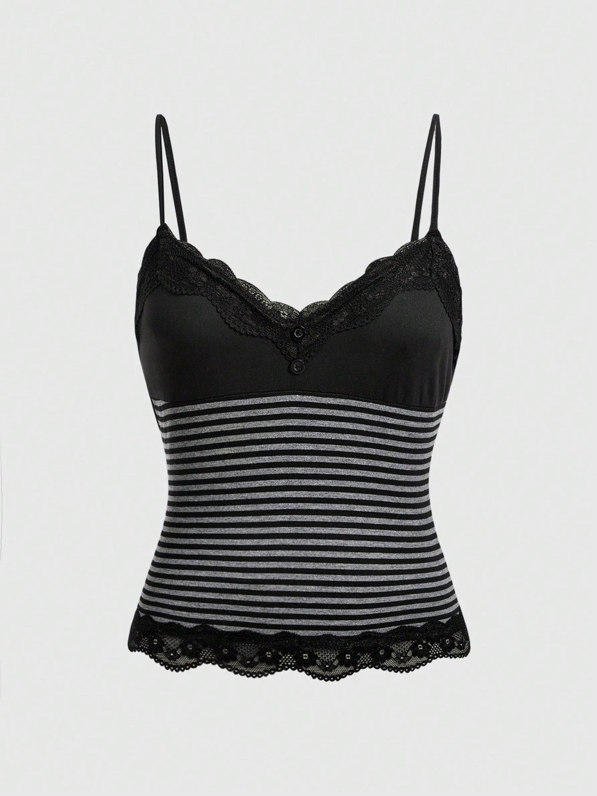 Striped contrast lace cami top featuring spaghetti straps and a slim cropped silhouette.