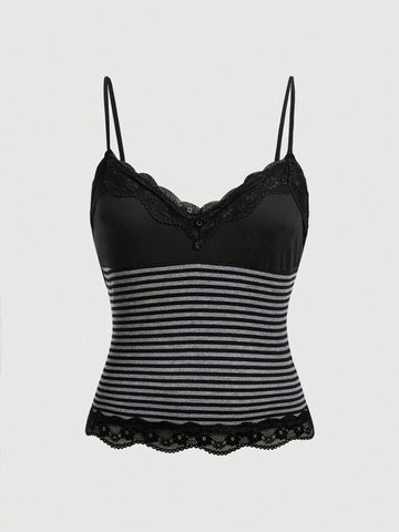 Striped contrast lace cami top featuring spaghetti straps and a slim cropped silhouette.