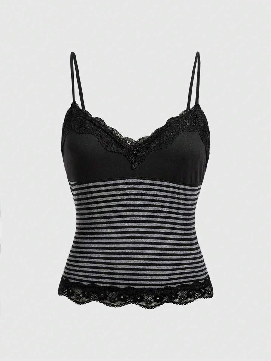 Striped contrast lace cami top featuring spaghetti straps and a slim cropped silhouette.