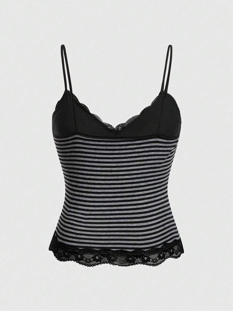 Striped contrast lace cami top featuring spaghetti straps and a slim cropped silhouette.