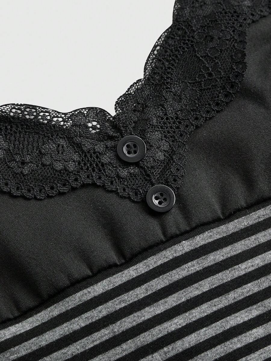 Striped contrast lace cami top featuring spaghetti straps and a slim cropped silhouette.