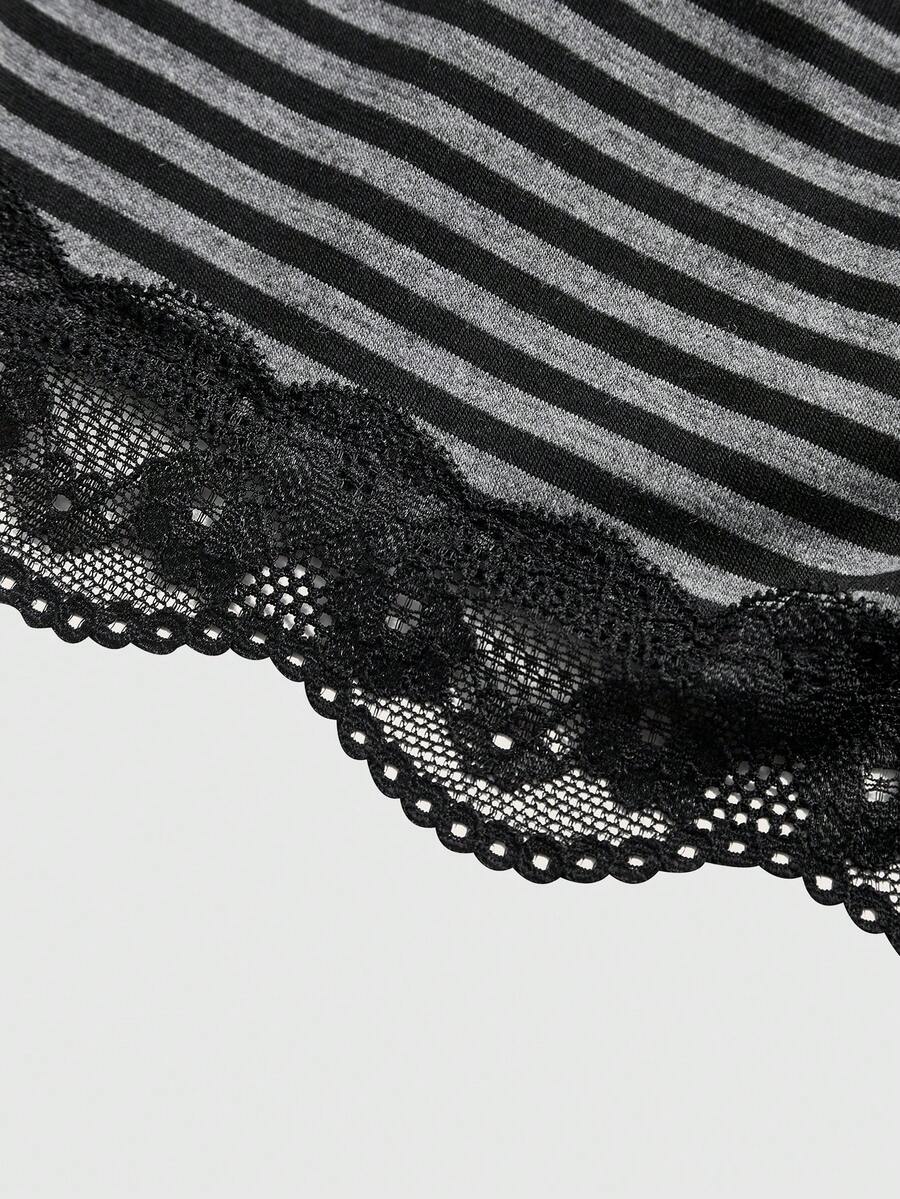 Striped contrast lace cami top featuring spaghetti straps and a slim cropped silhouette.