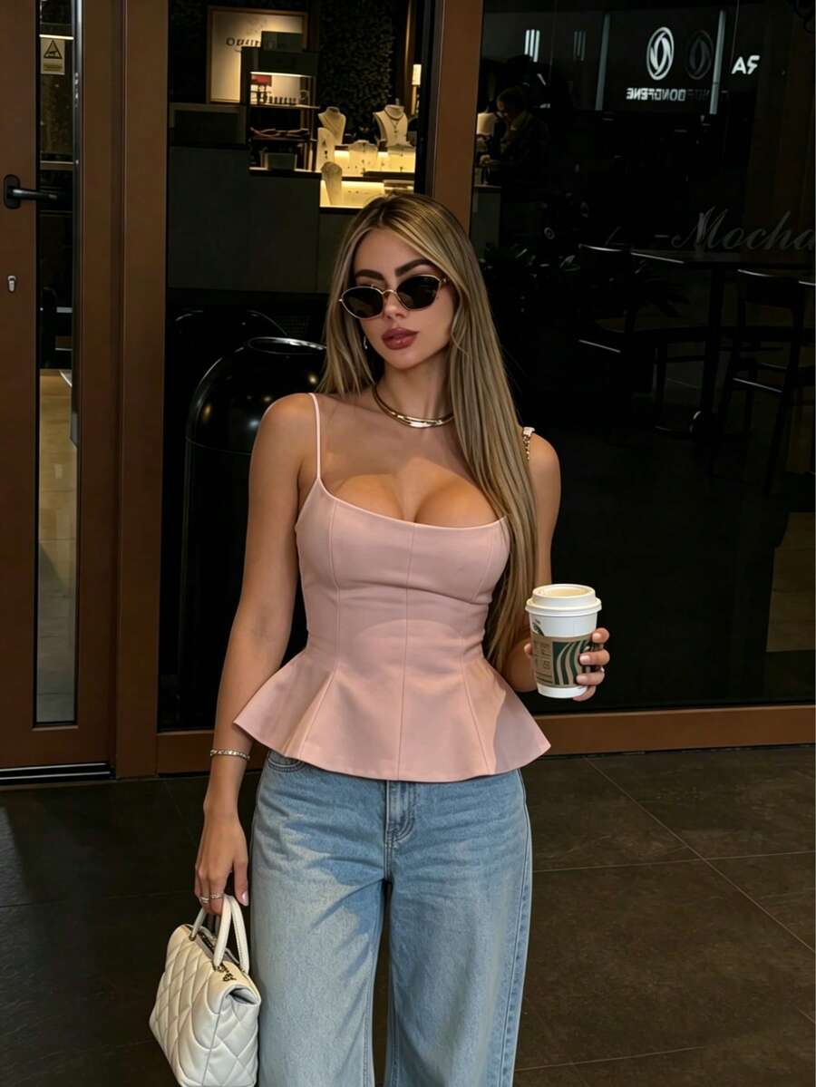 A sleeveless cropped camisole top featuring thin spaghetti straps, a slim fit bodice, and a subtle flared hemline.