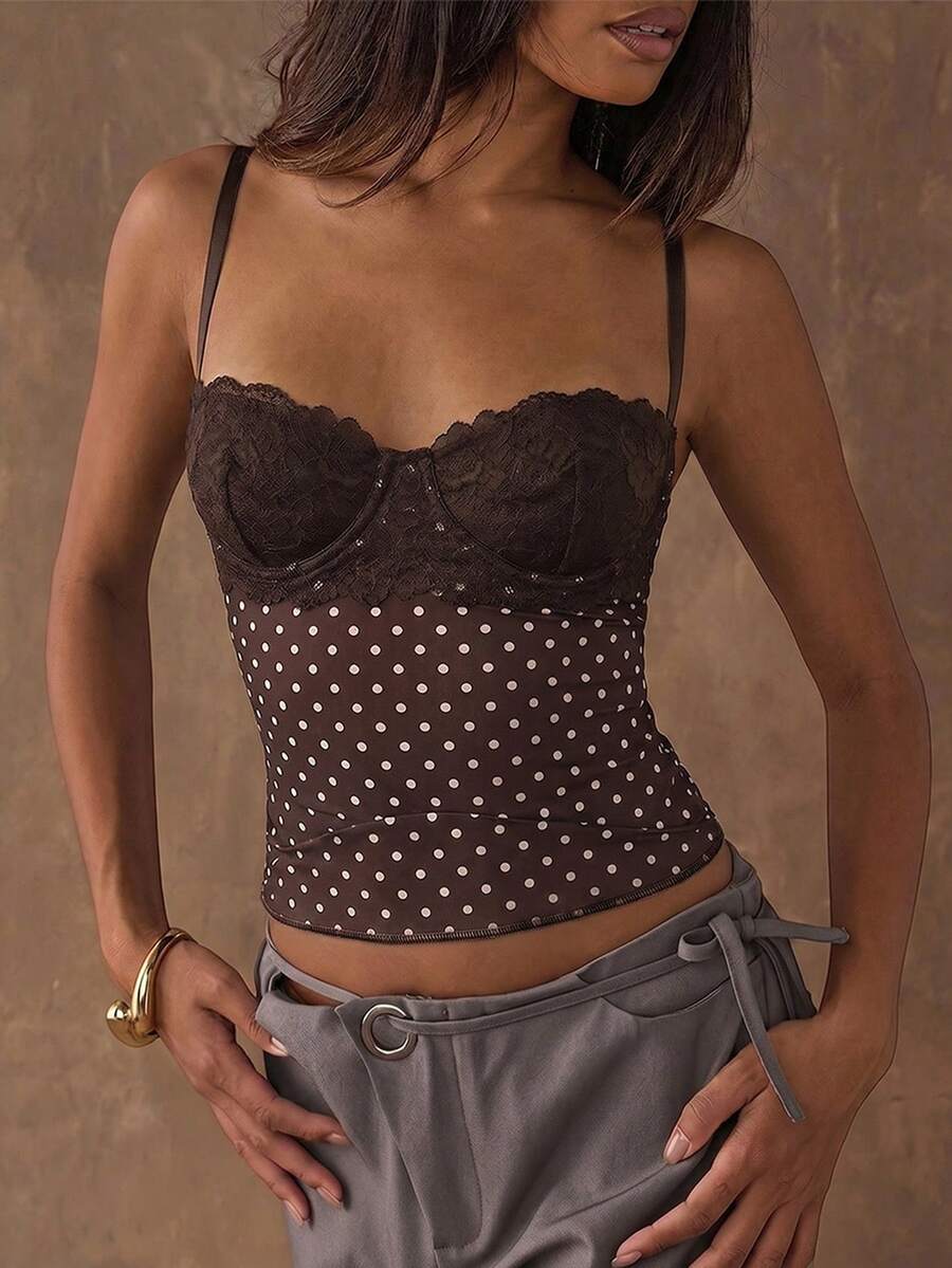 Women's black contrast lace camisole with spaghetti straps, cup detail, semi-sheer finish, and slim fit for going out or date night.