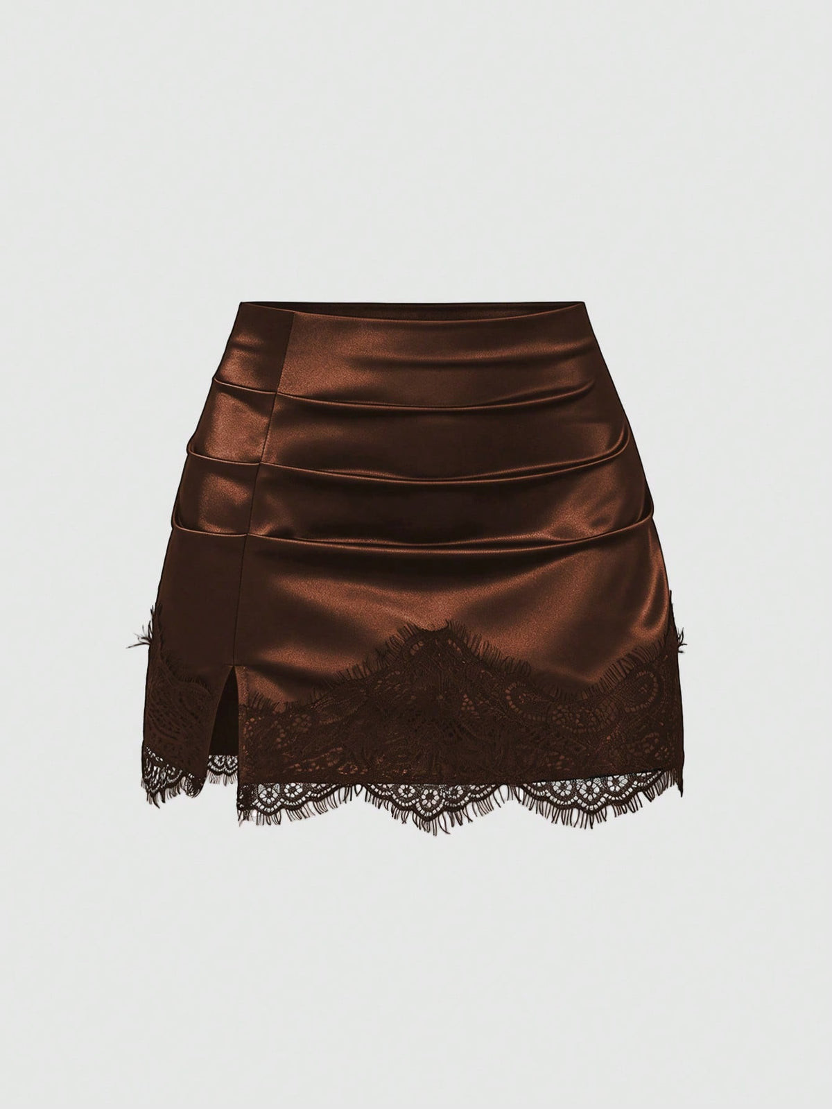 Black satin bodycon short skirt featuring contrast lace trim and mid-waist fit for women