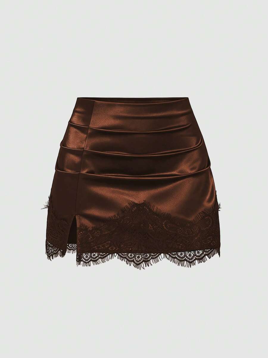 Black satin bodycon short skirt featuring contrast lace trim and mid-waist fit for women