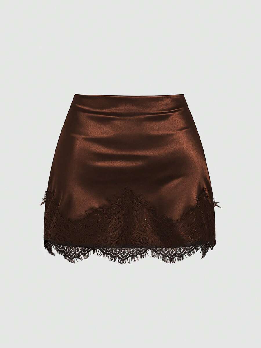 Black satin bodycon short skirt featuring contrast lace trim and mid-waist fit for women