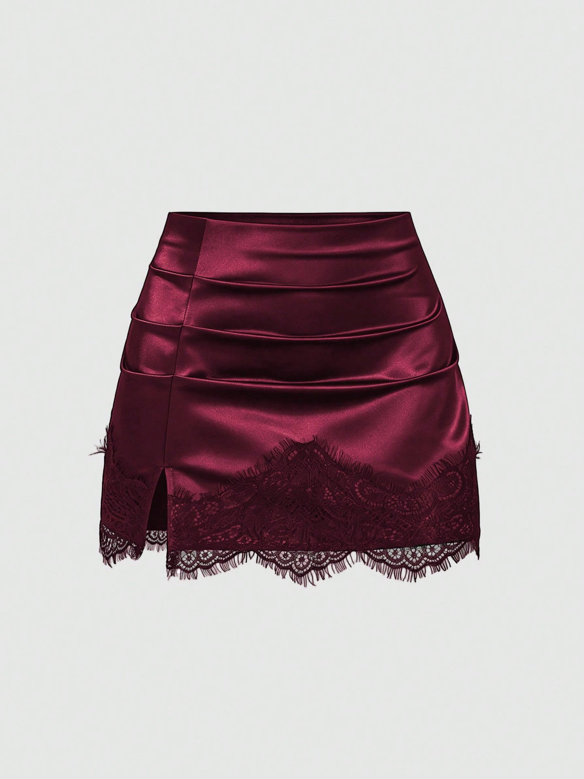 Black satin bodycon short skirt featuring contrast lace trim and mid-waist fit for women