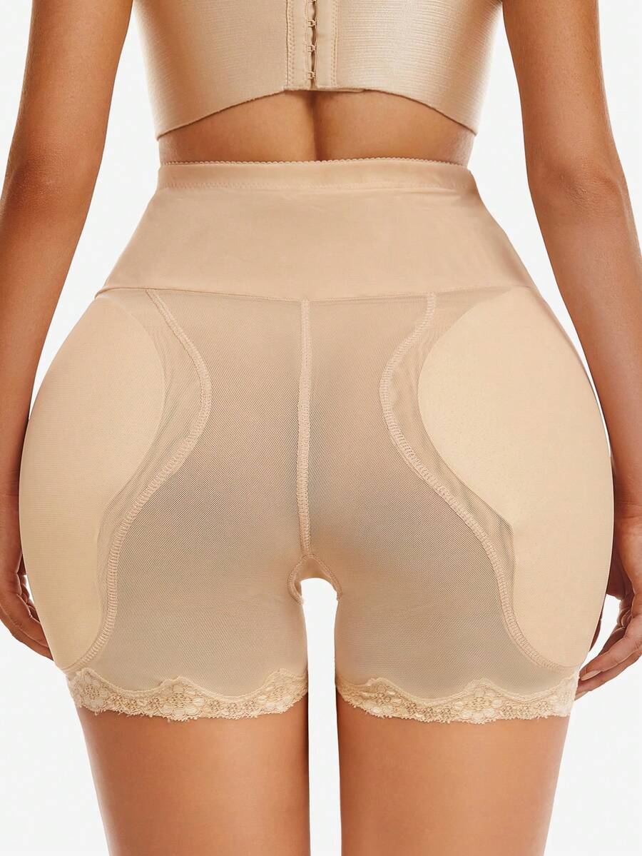 Women's super high waist shaping shorts in apricot knit fabric featuring contrast lace trim for tummy and thigh control.