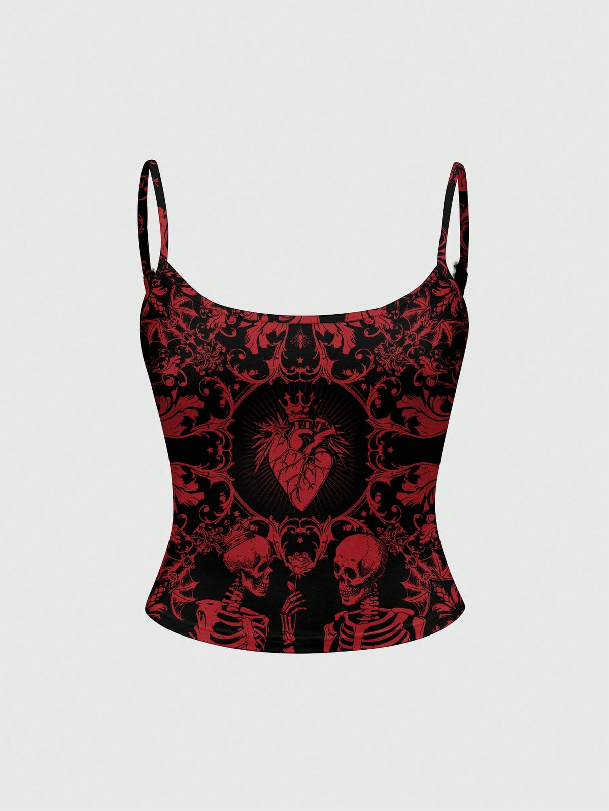 Black rib-knit gothic camisole tank top with a heart skull graphic print, spaghetti straps, and matching separate arm sleeves.