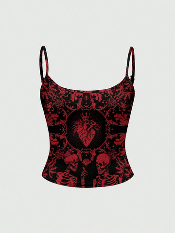 Black rib-knit gothic camisole tank top with a heart skull graphic print, spaghetti straps, and matching separate arm sleeves.