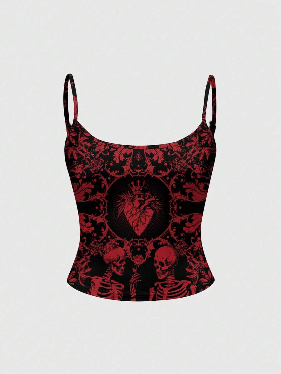 Black rib-knit gothic camisole tank top with a heart skull graphic print, spaghetti straps, and matching separate arm sleeves.