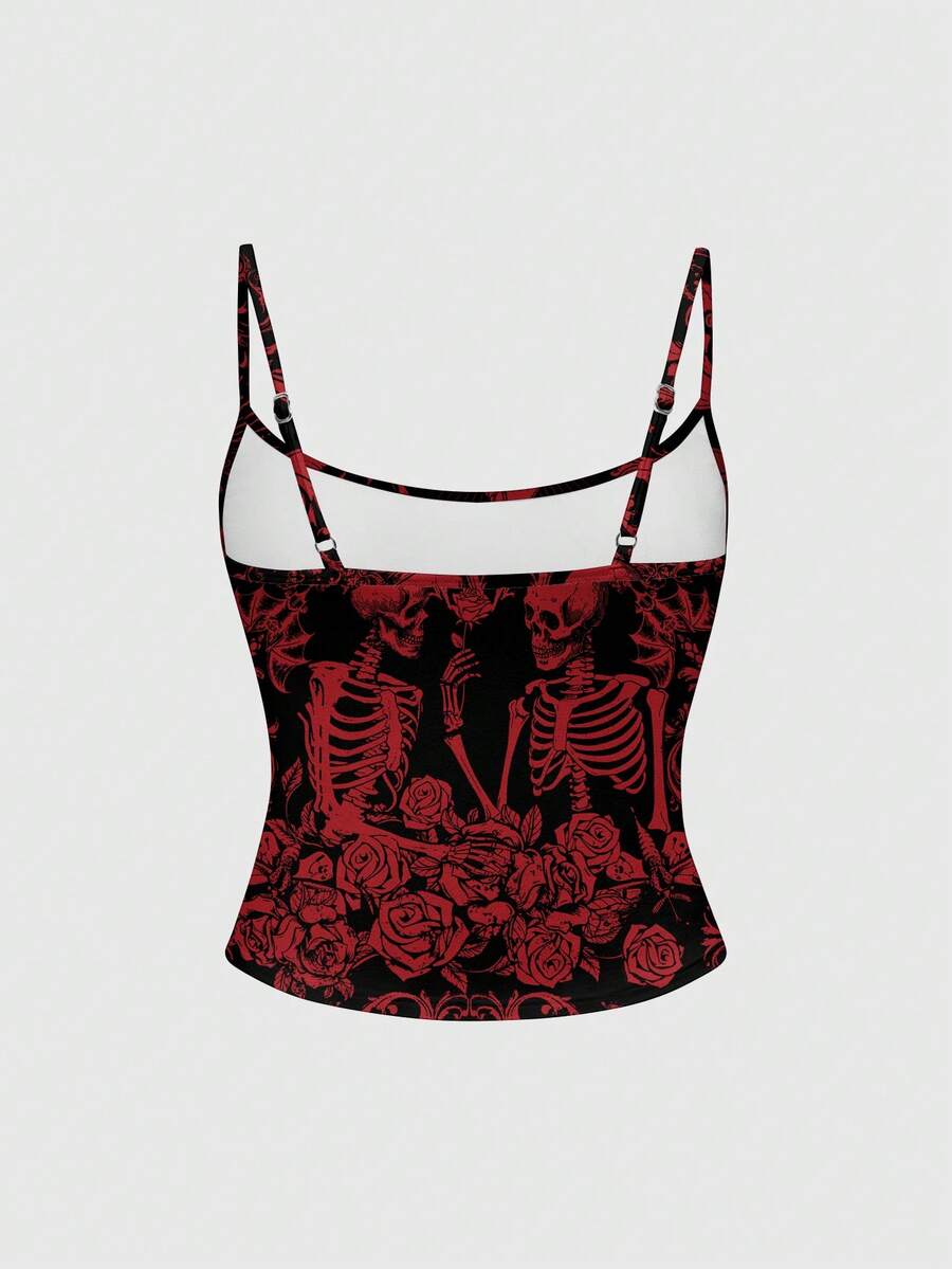 Black rib-knit gothic camisole tank top with a heart skull graphic print, spaghetti straps, and matching separate arm sleeves.