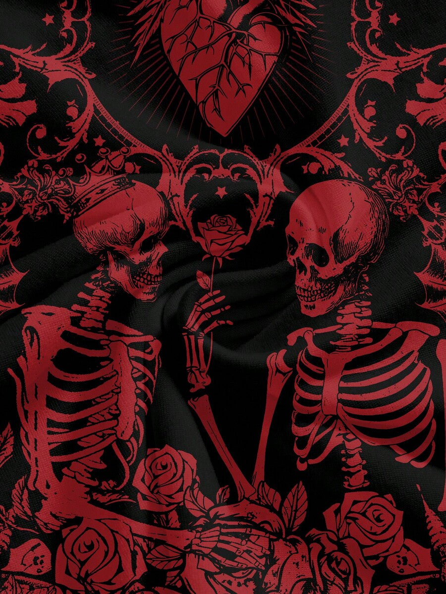 Black rib-knit gothic camisole tank top with a heart skull graphic print, spaghetti straps, and matching separate arm sleeves.