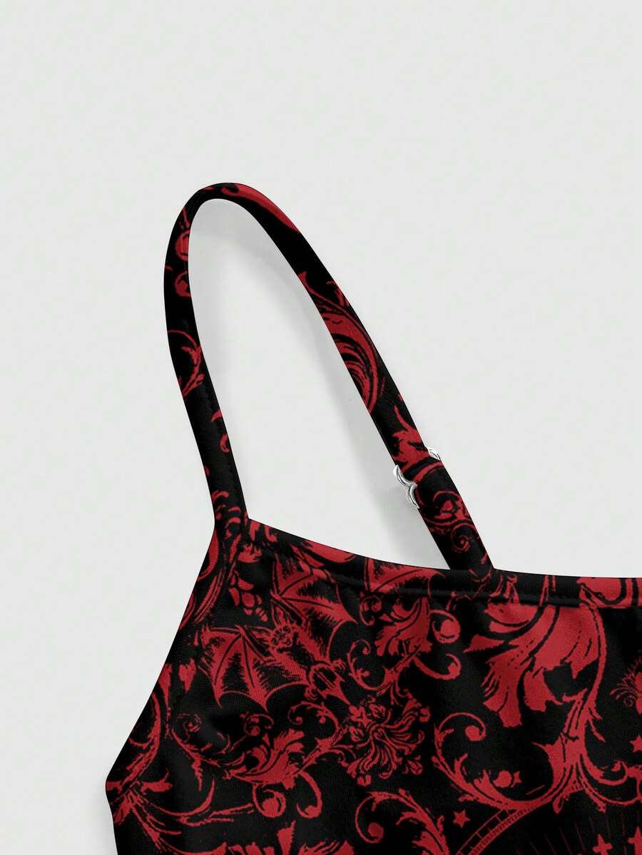 Black rib-knit gothic camisole tank top with a heart skull graphic print, spaghetti straps, and matching separate arm sleeves.