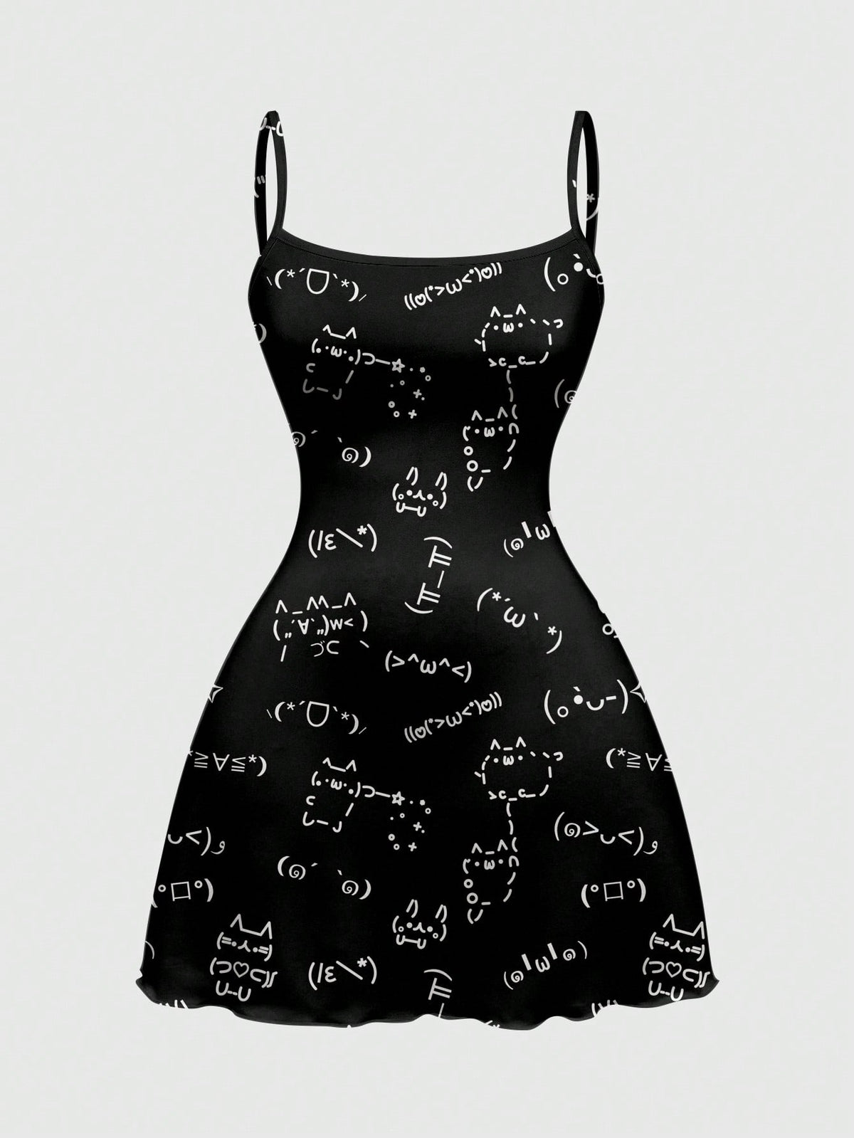 Women's black backless cami mini dress featuring spaghetti straps, lettuce trim detail, high waist, and a flared hem design.