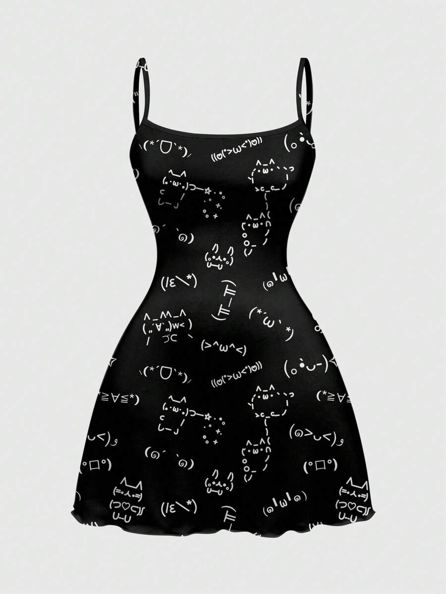 Women's black backless cami mini dress featuring spaghetti straps, lettuce trim detail, high waist, and a flared hem design.