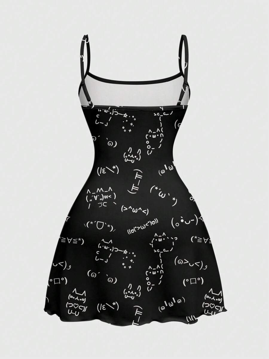 Women's black backless cami mini dress featuring spaghetti straps, lettuce trim detail, high waist, and a flared hem design.