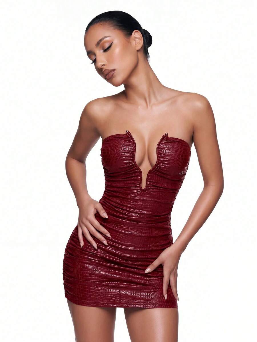 Women's apricot sequin strapless mini bodycon dress featuring cup detail and separate arm sleeves.