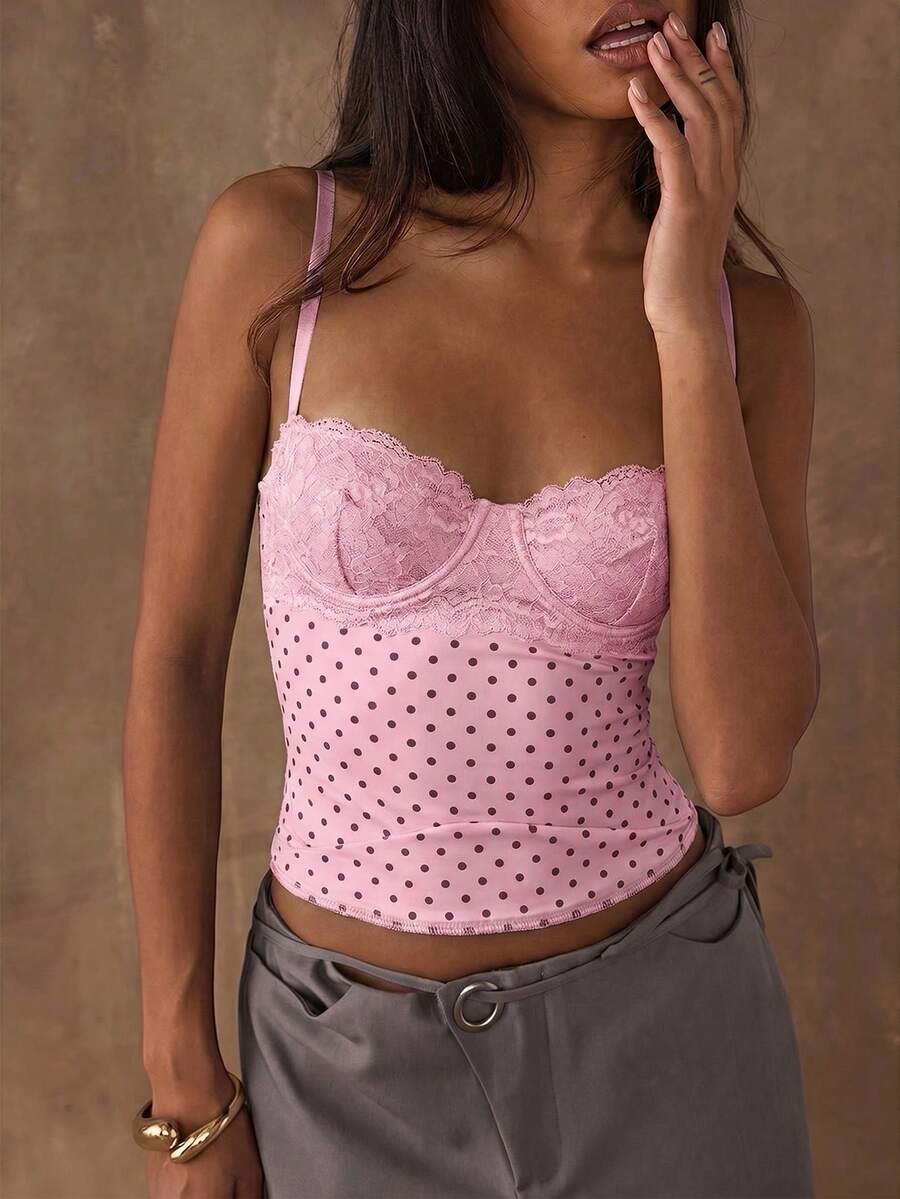 Women's black contrast lace camisole with spaghetti straps, cup detail, semi-sheer finish, and slim fit for going out or date night.
