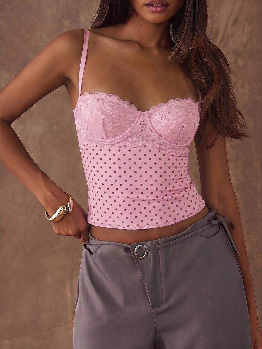 Women's black contrast lace camisole with spaghetti straps, cup detail, semi-sheer finish, and slim fit for going out or date night.