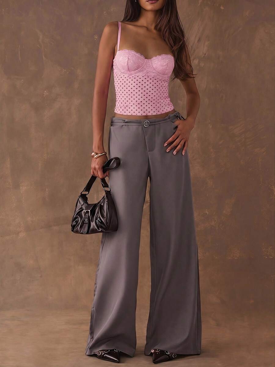 Women's black contrast lace camisole with spaghetti straps, cup detail, semi-sheer finish, and slim fit for going out or date night.
