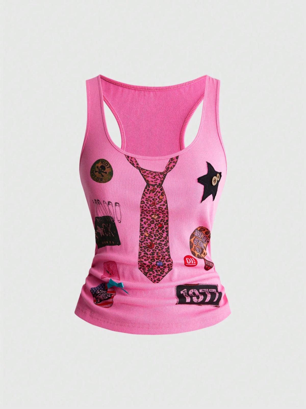 Women's white scoop neck camisole tank top featuring a badge patchwork print, front bow tie detail, cut-out accents, and slim-fit cotton stretch fabric.